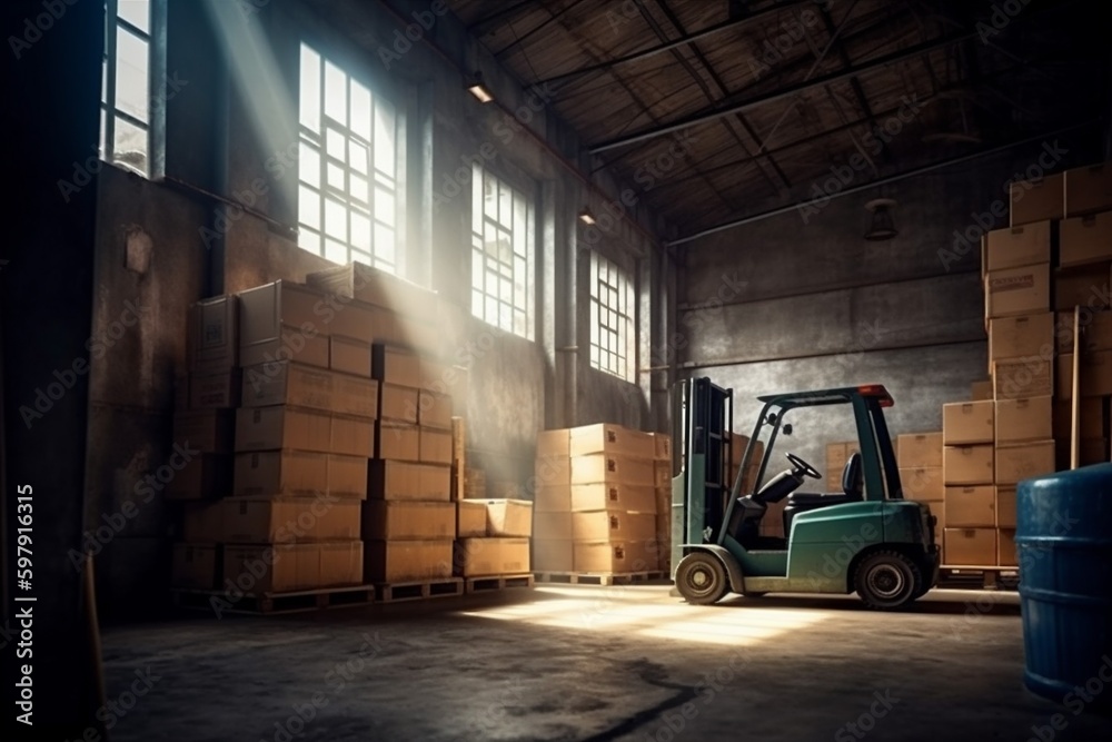 cargo sun forklift warehouse logistic transportation delivery distribution storage box. Generative AI.