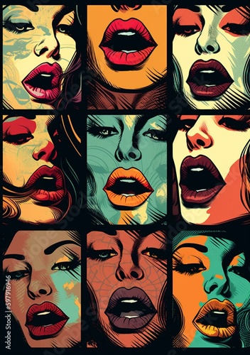 mouth woman poster female lipstick illustration abstract art kiss lips teeth. Generative AI.
