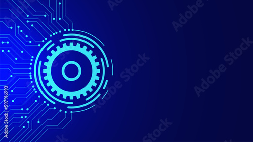 Digital technology and engineering concept with gears and electronic circuit board on dark blue background.