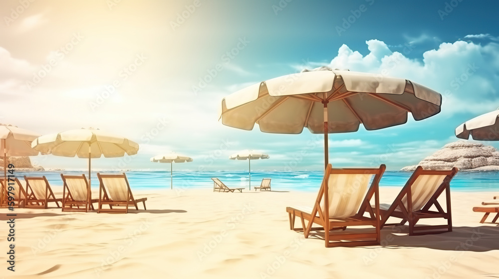 The concept of leisure travel in the summer on a tropical beach seaside. Summer season on the beach. Relax holiday. 3D realistic illustration. Generative AI