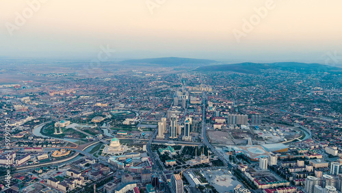 Grozny, Russia. Panorama of the city center from the air. Time after sunset, Aerial View © nikitamaykov