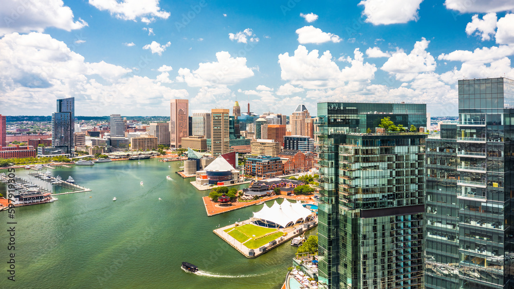 Aerial view of Baltimore Inner Harbor and skyline. Baltimore is the most populous city in the U.S. state of Maryland - obrazy, fototapety, plakaty 