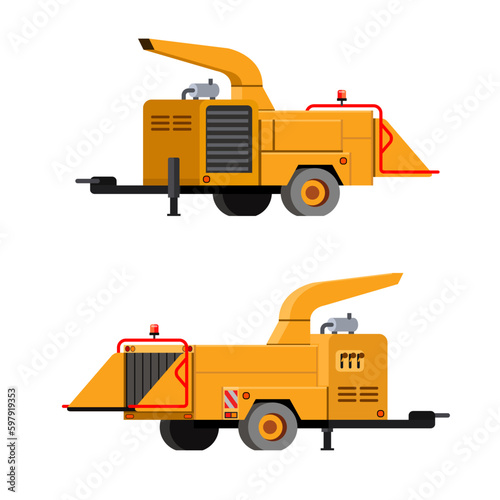 Mounted on the wheels tree chipper. Trailer mount wood chipper with drawbar. Yellow wood chipper for chipping felled trees and brunches after tree trimming. Front and back side view. Vector clip art o photo