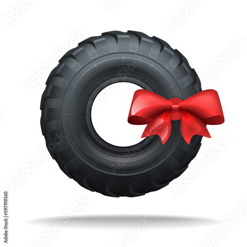 Tire for truck or tractor or any other wheeled vehicle. Vector clipart isolated illustration. Tire with bow on white background