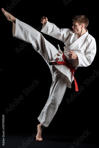 karate fighter in white kimono with red belt on black background, Generative AI