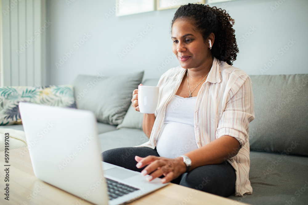 Young pregnant woman using a laptop at home on the couch Young pregnant woman using a laptop at home on the couch