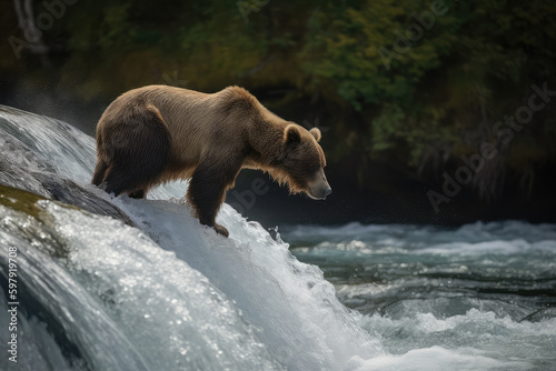 a bear sitting on a rock of a waterfall to catch trout fish jumping out of the river, generative AI © Kien