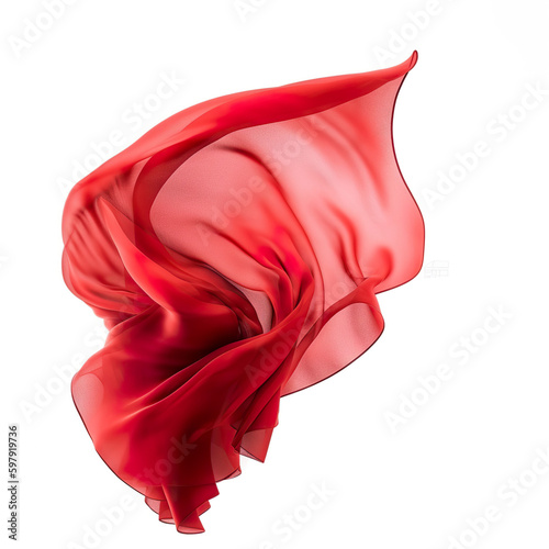 Red silk fabric flying in the wind on a white background. Floating red cloth. Fabric beautiful abstract background. 3D realistic illustration. Generative AI
