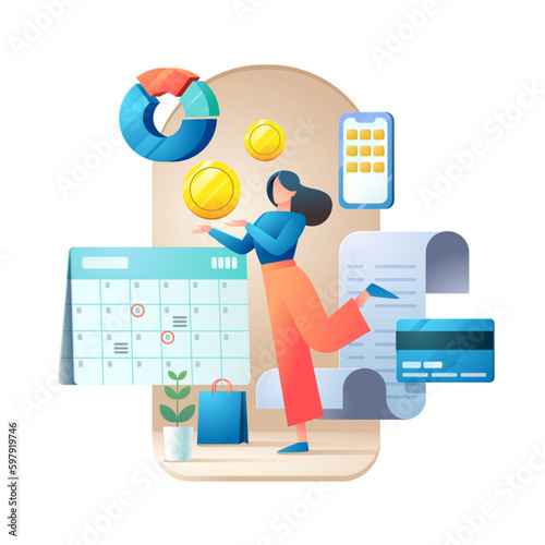 flat graphic woman holding coine money plane bill credit card payment in time calendar photo