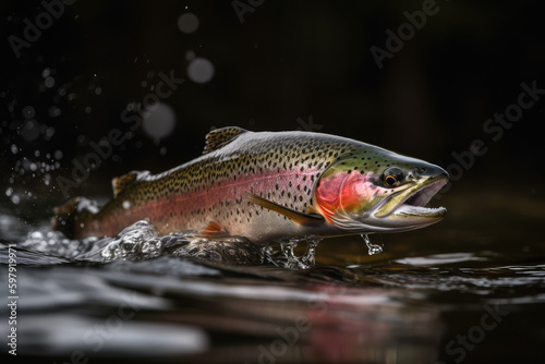 rainbow trout fish jumping out of river water, generative AI