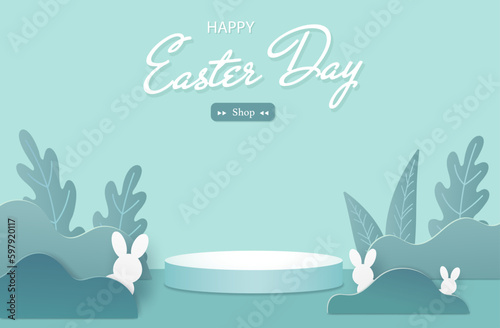template of happy easter day concept with stage in green natural and rabbit on background. art work in paper cut style. Vector illustration.