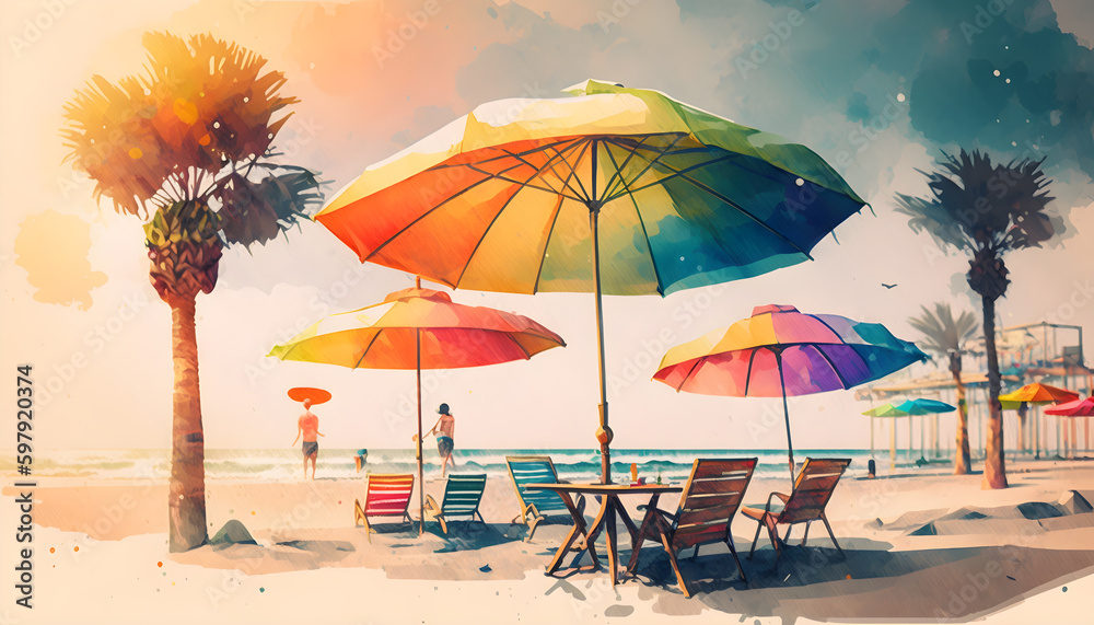 A watercolor beach scene with a colorful umbrella, chairs, people and tress - Generative Ai