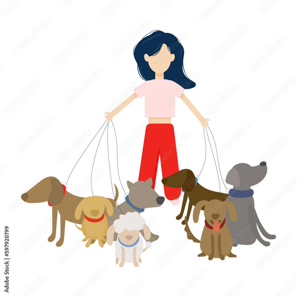 A woman walks dogs. Vector illustration in flat style
