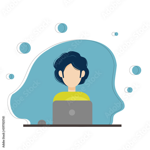 flat vector boy working on a laptop sitting at a table
