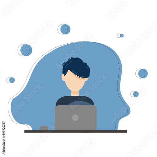 flat vector boy working on a laptop sitting at a table