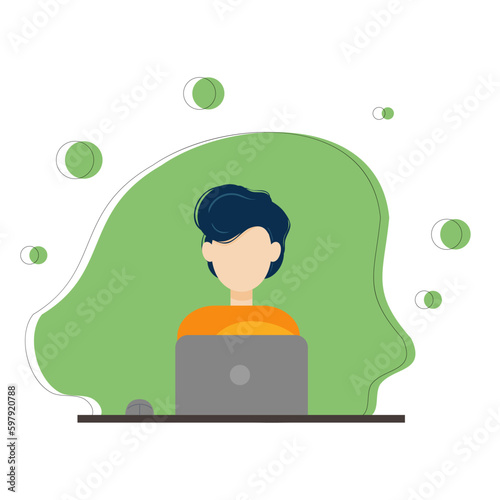 flat vector boy working on a laptop sitting at a table	
