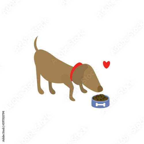 Vector hungry dog eating food from bowl isolated on white background. Domestic or homeless animal and dry crispy food feeding. Cute vector character. Veterinary, rescuing, adoption. Canine shelter