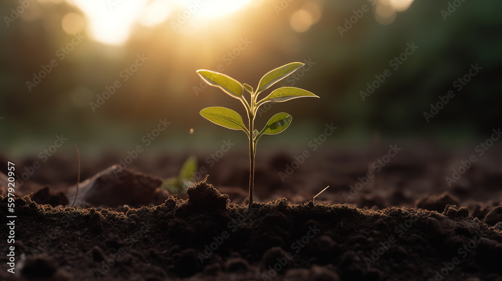 One young sprout in dew drops outdoors. Concept and business planting. A picture of a plant with the sun shining through the leaves. 3D realistic illustration. Generative AI One young sprout in dew drops outdoors. Concept and business planting. A picture of a plant with the sun shining through the leaves. 3D realistic illustration. Generative AI
