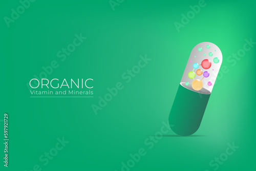 Vitamins and minerals supplement in transparent organic green capsules. Illustration of some vitamins and minerals in colorful bubbles on fresh green background