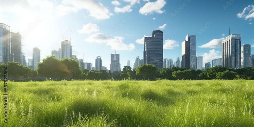 a grassy park with trees and the sun reflected and trees in the distance, Created by AI generation, AI generative, Created with generative AI tools