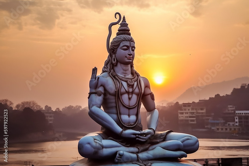 Hindu God Shiva statue in meditation in sunrise. Generative AI