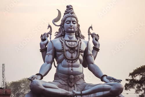 Hindu God Shiva statue in meditation in sunrise. Generative AI