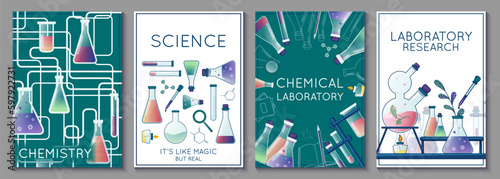 Vector set of science posters. Illustration of glass flasks, vial, test-tube, substance and reagent. Chemistry laboratory. Template perfect for banner, poster, advertising.