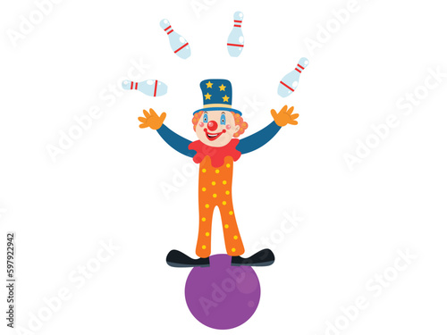 Clown doing juggling on the ball, isolated on white background