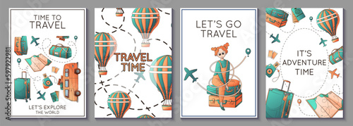 Vector set of travel posters. Illustration of baggage, map, hot air balloon, plane. Travel, road, adventure, journey concept. Template perfect for banner, poster, advertising.
