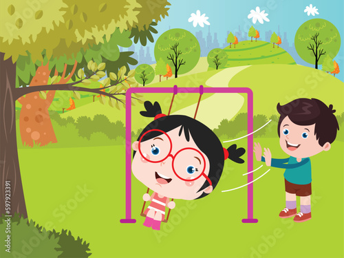 children playing on the swing  in the park, boy pushing a girl on the swing, flat design illustration