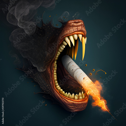 a jaw with fire burning out, and the dragon is smoking, in the style of photorealistic still life, snailcore, textured illustrations, caninecore, minimal retouching. Ai Generate. photo