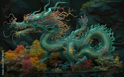 Green Chinese Dragon with flower statue -Generative AI © yin foo Tan