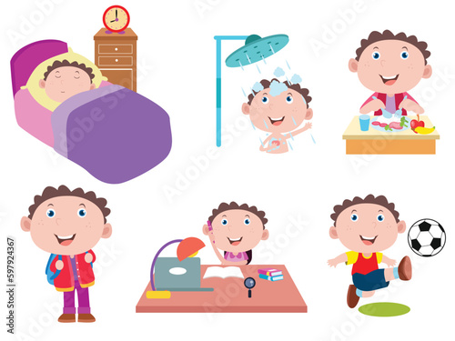 Child activities vector concept. Little boy daily activities, isolated on white background