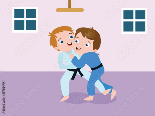 Children fighting in karate or martial arts class