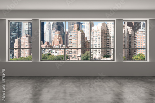 Midtown New York City Manhattan Skyline Buildings from High Rise Window. Beautiful Expensive Real Estate. Empty room Interior Skyscrapers View Cityscape. Day time. East side. 3d rendering.