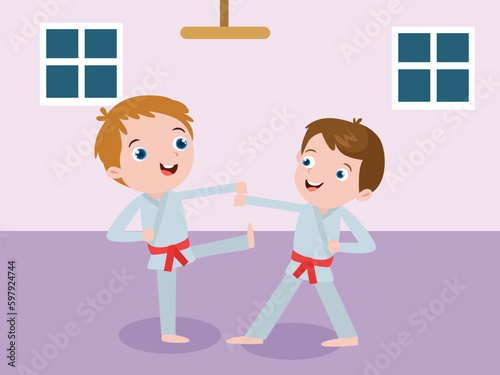 Children exercising karate and martial arts class