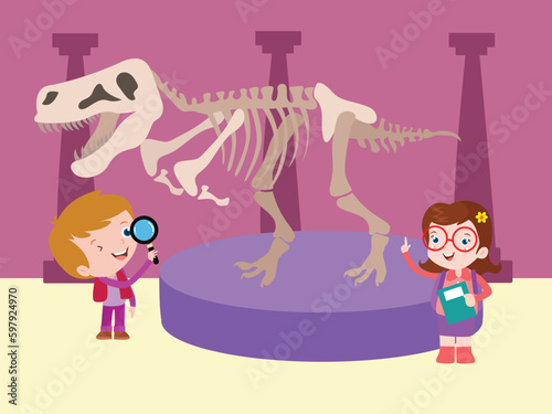 Children learn about dinosaur fossils in the museum