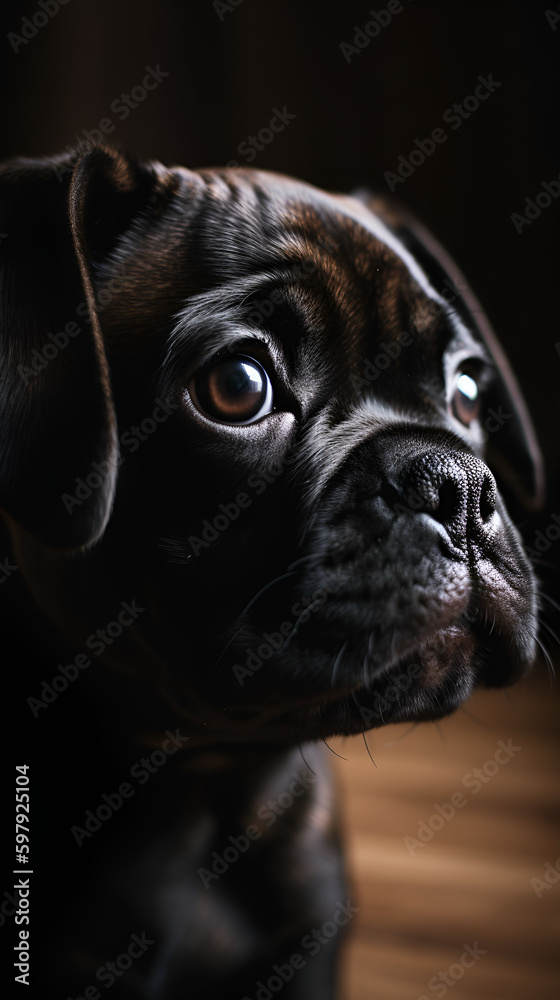 A French Bulldog puppy with black and brown coloring, portrait