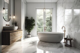 A stylish and inviting white bathtub placed next to a window, offering natural light and a bright and airy atmosphere. The perfect space for a refreshing and rejuvenating soak. AI Generative.