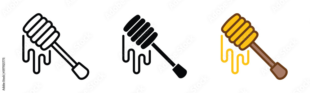Honey spoon dipper icon vector set. Spoons with dripping honey icon symbol in line, flat, and color style. Vector illustration Honey spoon dipper icon vector set. Spoons with dripping honey icon symbol in line, flat, and color style. Vector illustration