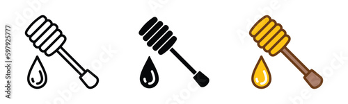 Honey spoon dipper icon vector set. Spoons with dripping honey icon symbol in line, flat, and color style. Vector illustration