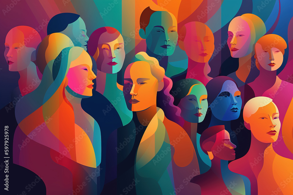 Inclusion, diversity, society, social abstract art illustration concept. Faceless multi-colored crowd of people, men and a woman. Generative AI