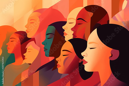 Multicolored row of silhouettes of diverse women. Side view, abstract art flat illustration. Generative AI