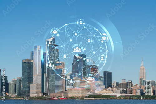 New York City skyline from New Jersey over the Hudson River towards the Hudson Yards at day. Manhattan, Midtown. Social media hologram. Concept of networking and establishing new people connections