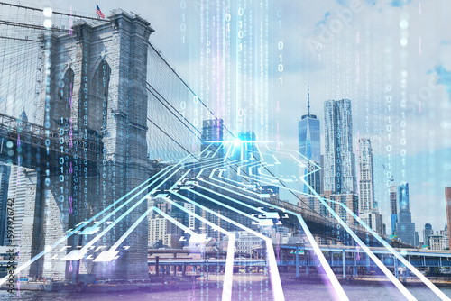 Brooklyn bridge with New York City Manhattan, financial downtown skyline panorama at day time over East River. Artificial Intelligence concept, hologram. AI, machine learning, neural network, robotics