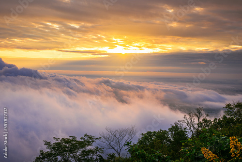 aerial view landscape sea of mist and clouds over Chiang mai city on Doi Suthep mountain in sunrise sky, Chiangmai, Thailand