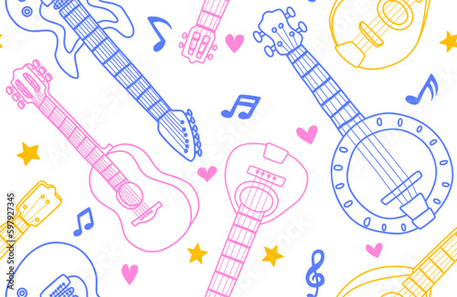 Acoustic guitar and banjo music notes vector seamless pattern background. 