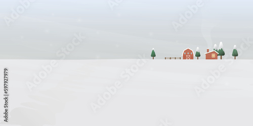 Livestock in winter season flat design vector illustration with blank space. Rural landscape, log cabin, farm and pines with heavy snow.