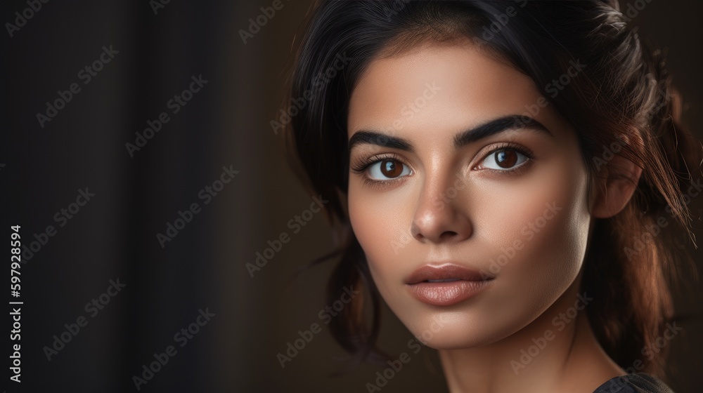 Natural Latino woman portrait. Beautiful model in studio background. Generative AI Natural Latino woman portrait. Beautiful model in studio background. Generative AI