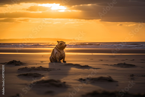 Weird fantasy animal on the beach at sunset